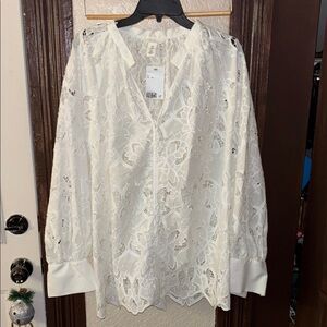 H&M NWT xl loosefit white blouse airy embroidered cotton weave broderie anglaise